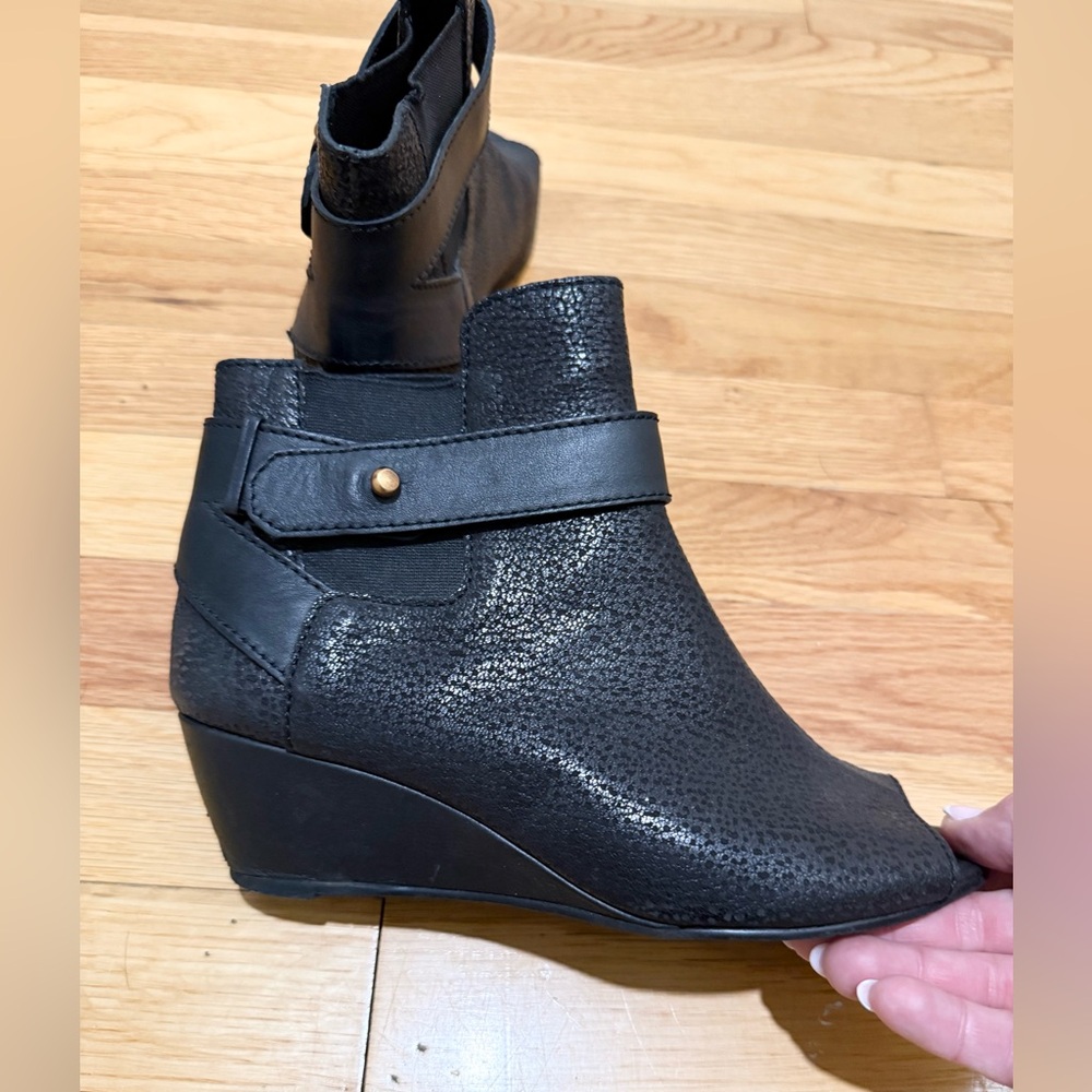Nanette Lepore Black Leather Open-Toe Ankle Booties | Chic Modern Heel